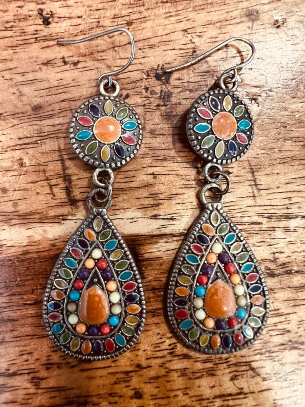 Boho Teardrop Dangle Earrings With Multicolor Stones & Hook Closure